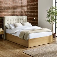 Jackson - Double - Ottoman Storage Bed with Fabric Headboard - Oak/Natural - Velvet/Wooden - 4ft6 - Happy Beds