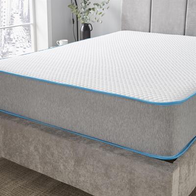 Starlight Beds™ Soft Fabric with 1" Memory Foam Layer Open Coil Blue and Grey Border Spring Mattress - 4ft Small Double Mattress (120cm by 190cm)